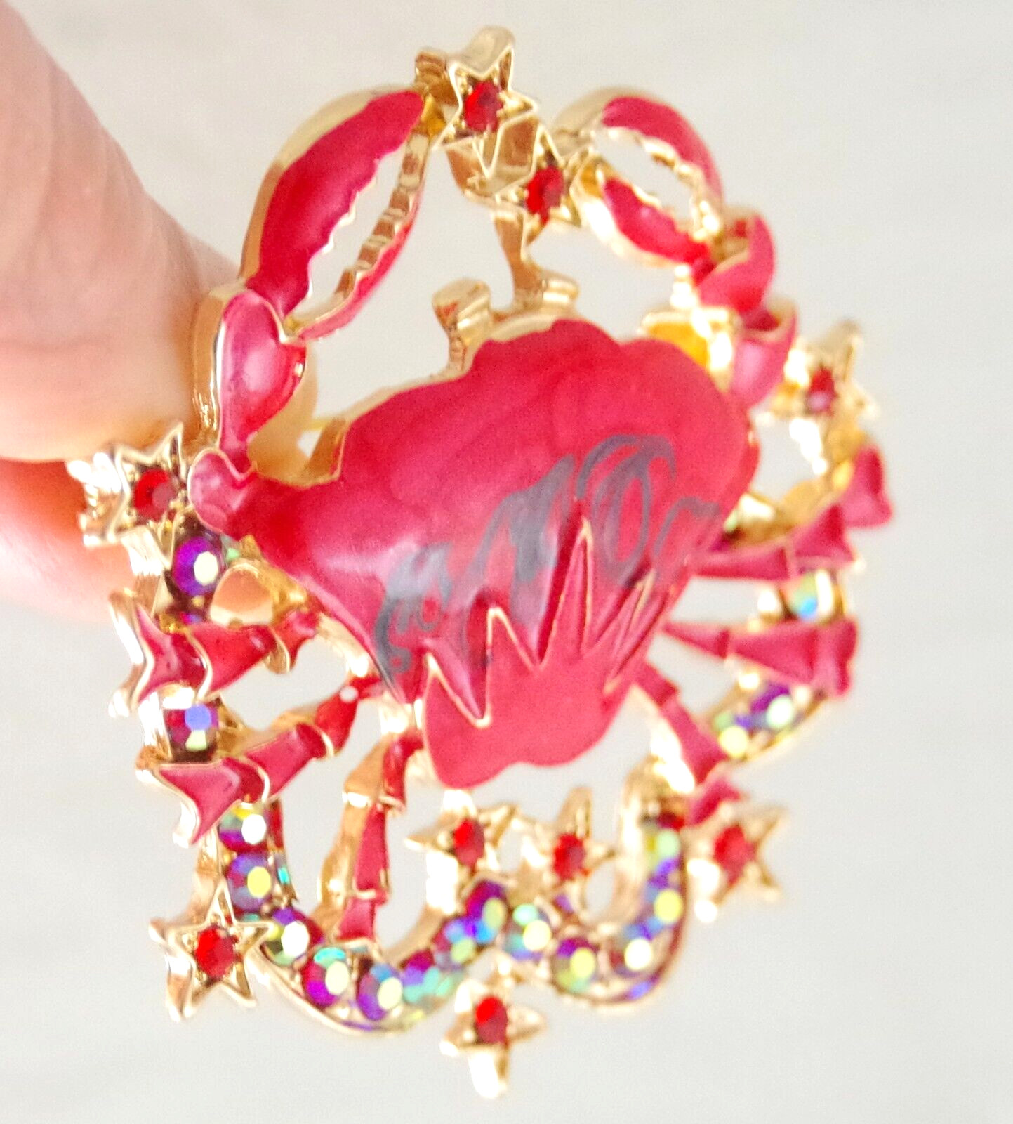 2 3/8″ NWOT DESIGNER STYLE CANCER ZODIAC HOROSCOPE CRAB AB RHINESTONE BROOCH PIN