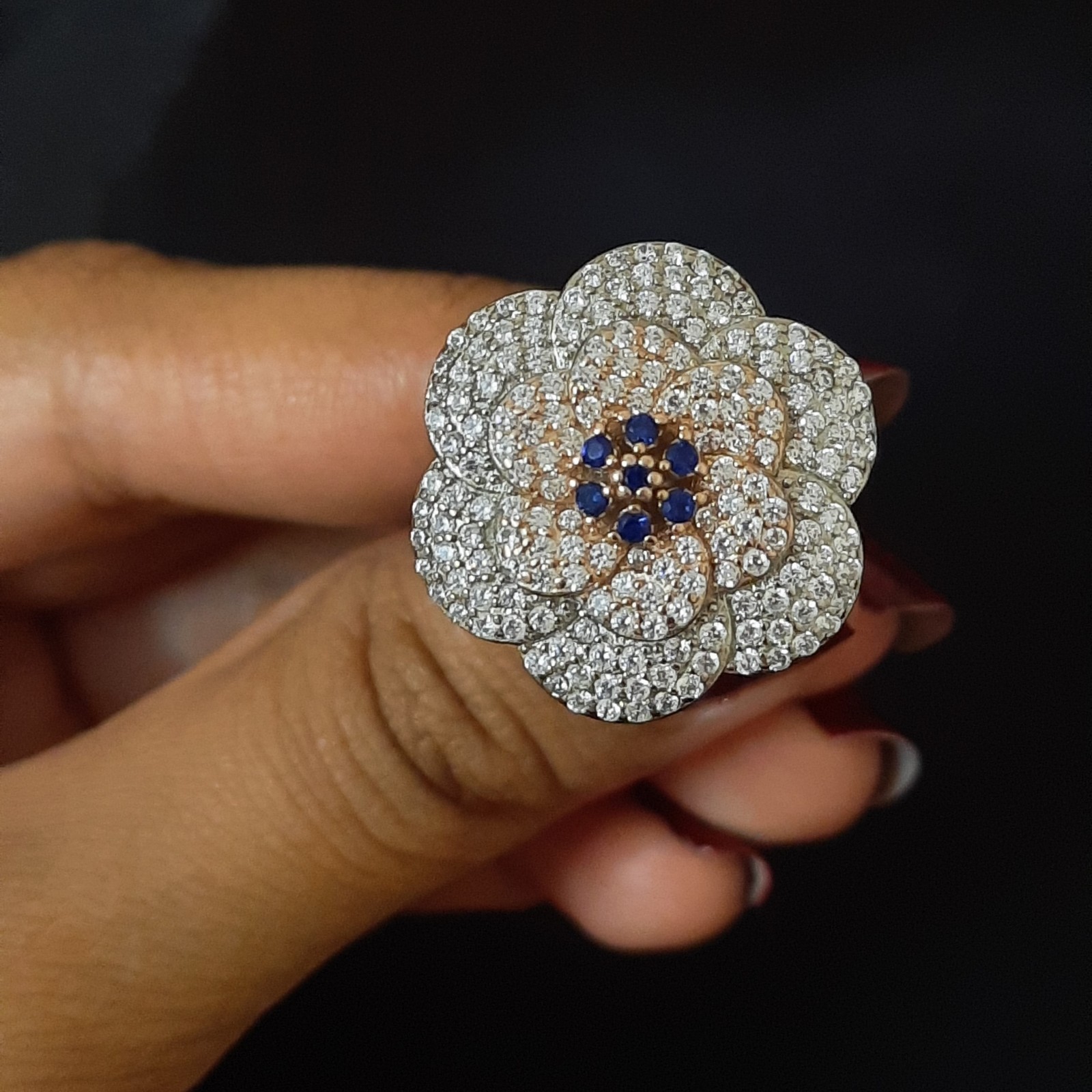 Flower CZ Ring with Blue Stone in Sterling Silver 925, Statement Ring 6.8