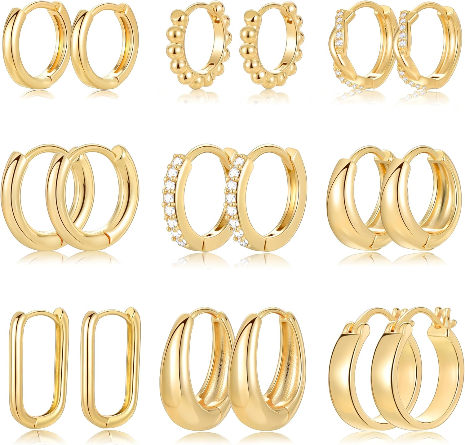 9 Pairs Small Gold/Silver Hoop Huggie Earrings Set for Women, 14K Gold Plated Ch