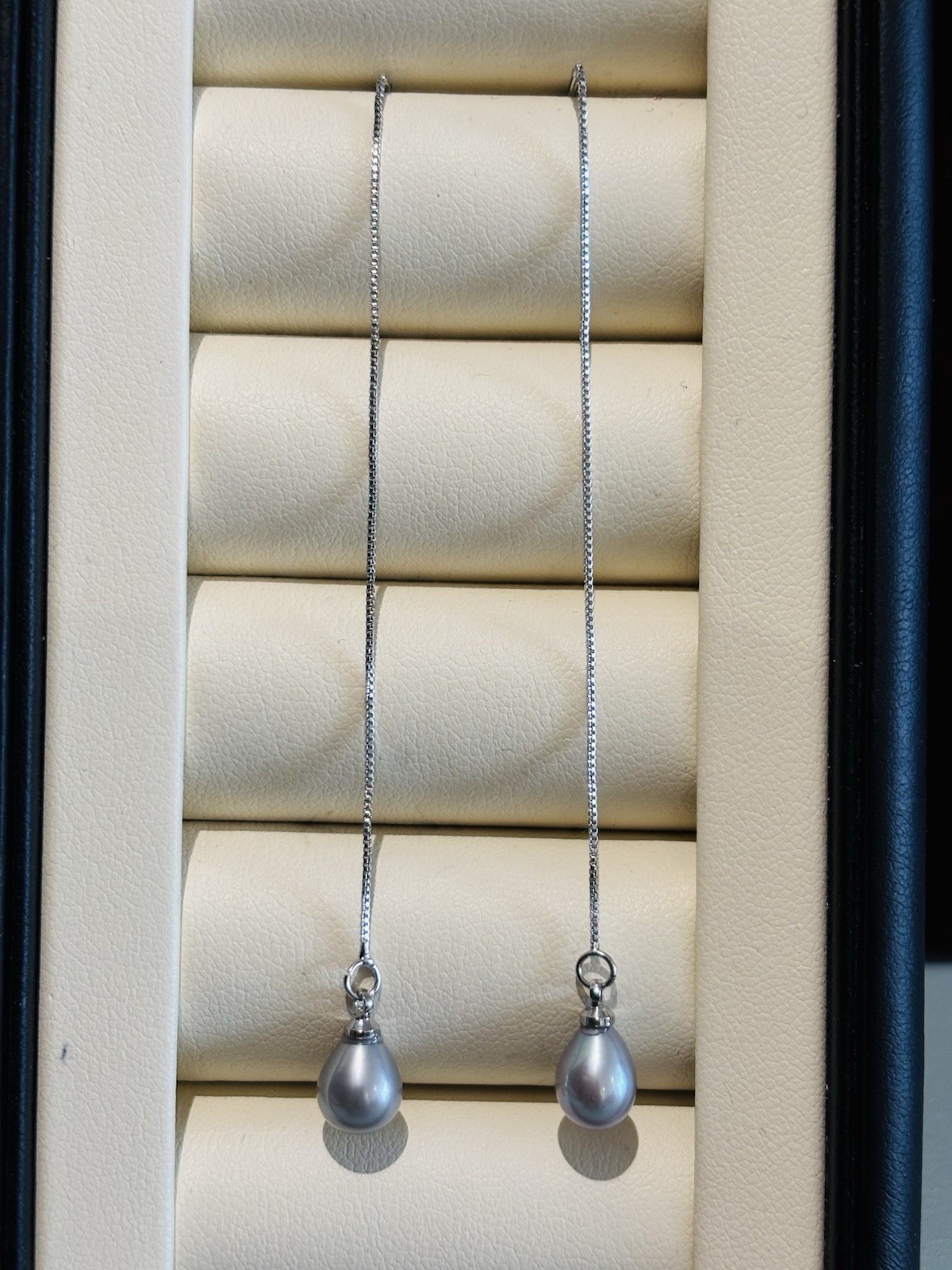 Long Threader Drop Earrings | Silver Grey Teardrop Pearls | Freshwater Pearls