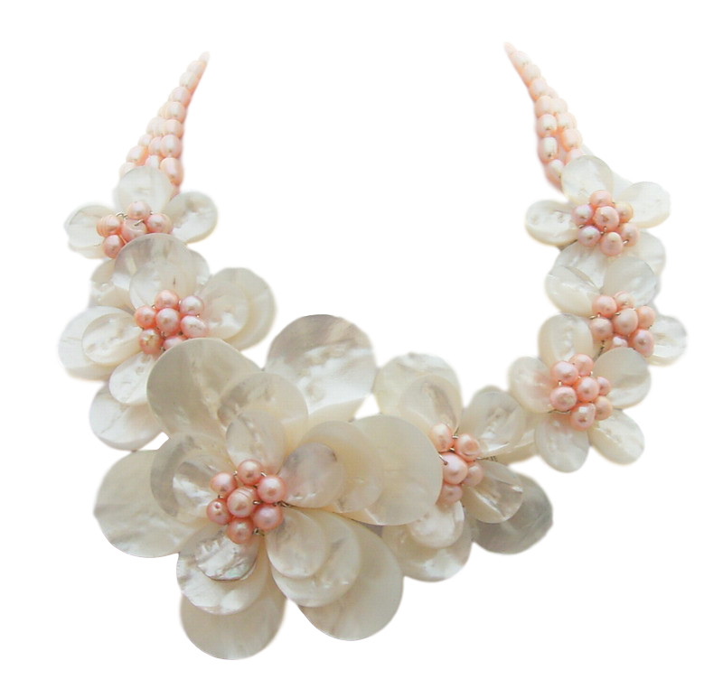 freshwater Pink Pearl White Shell Flower statement Necklace