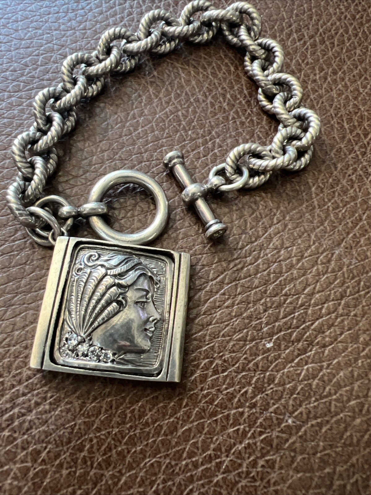NATALIE BARONI Sterling Silver Portrait Charm Bracelet With Cz Signed 7.5”