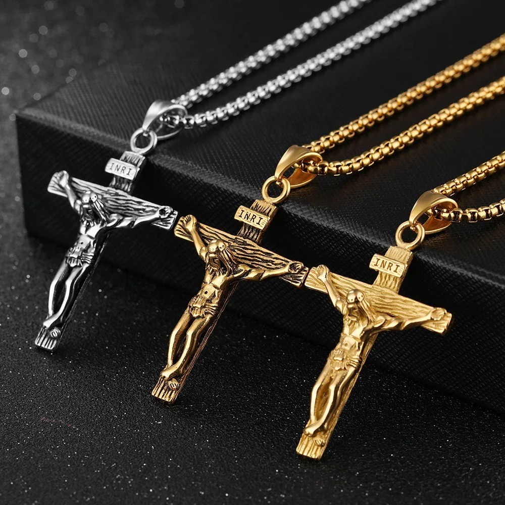 Men Stainless Steel Jesus Christ Crucifix Cross Pendant Chain Necklace