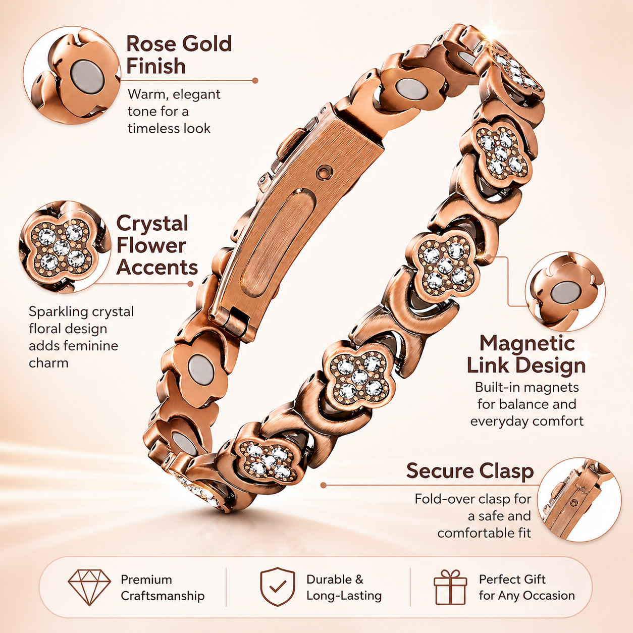 Women’s Copper Magnetic Bracelet Clover Crystal Adjustable Pain Relief Arthritis