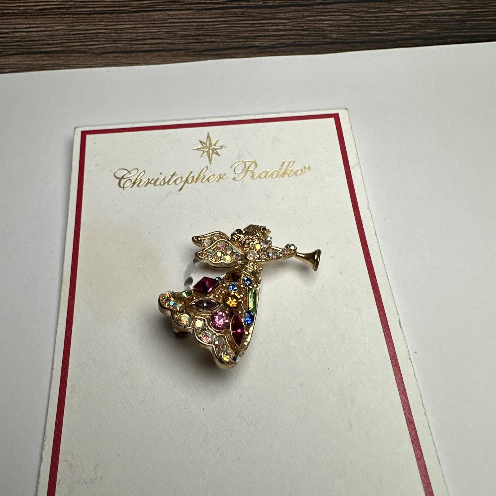 Christopher Radko Rhinestone Angel Multi Color Christmas Gold Tone Brooch Pin