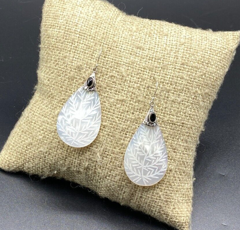 SAMUEL B.-Sterling Silver Onyx Floral Etched MOP Teardrop Dangle Earrings