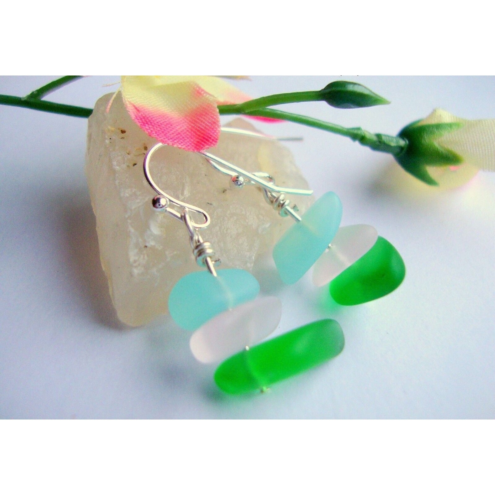 Green Pink Blue Pebble Shaped Frosted Sea Glass Silver Ladies Dangle Earrings