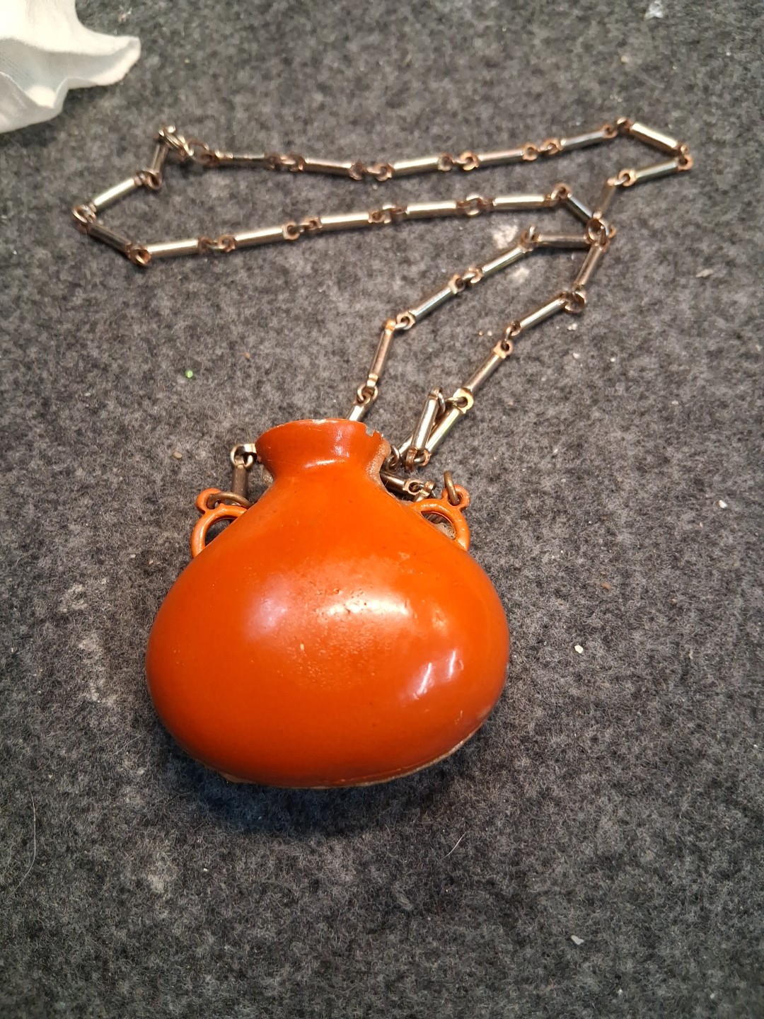 Vintage Mid-Century Orange Porcelain Perfume Scent Bottle Pendant Necklace Silve