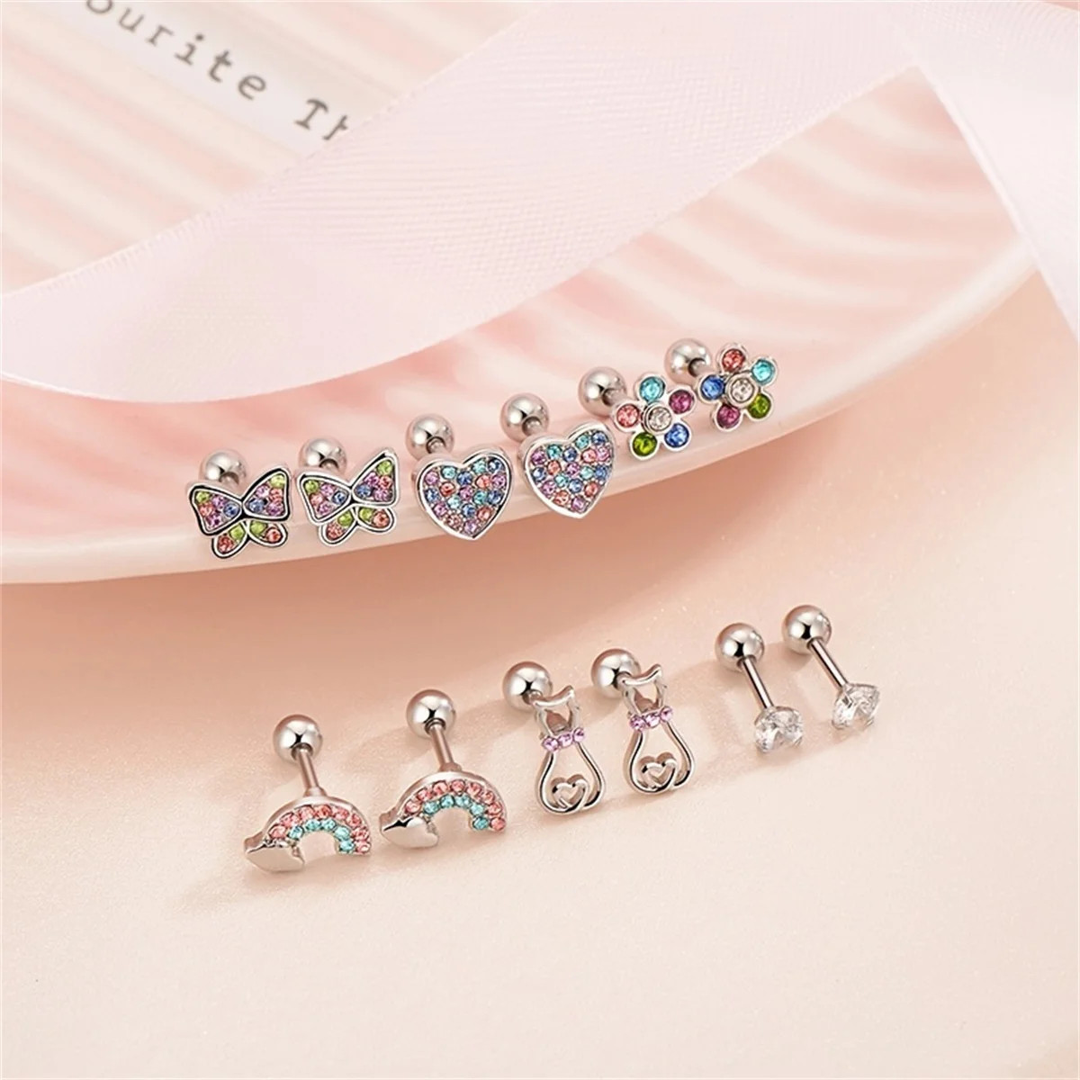 12 Pc Stainless Steel Cubic Zirconia Stud Earrings Butterfly Flower Jewelry