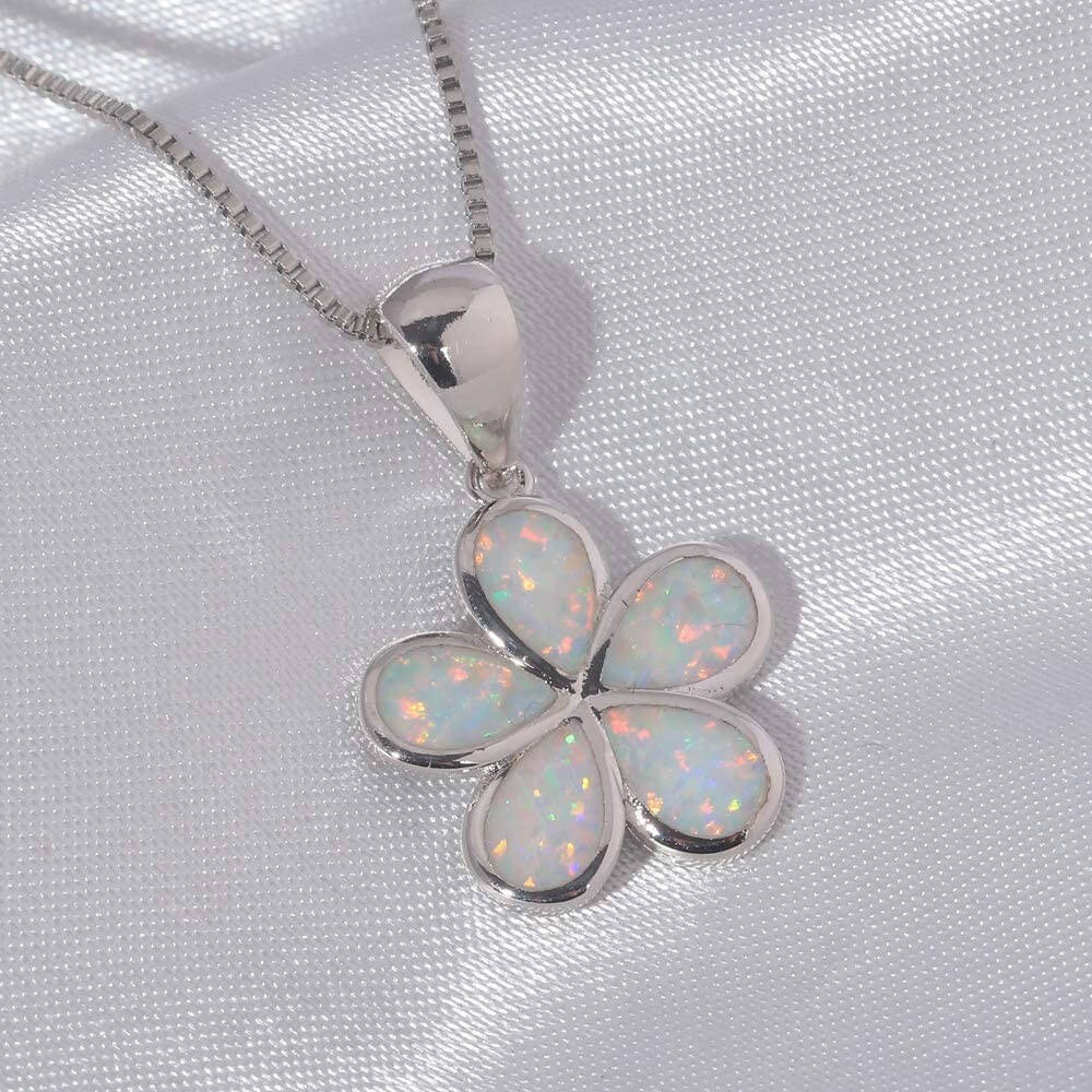 Hawaiian 15mm White Fire Opal Plumeria Necklace Silver Filled For Women Girls