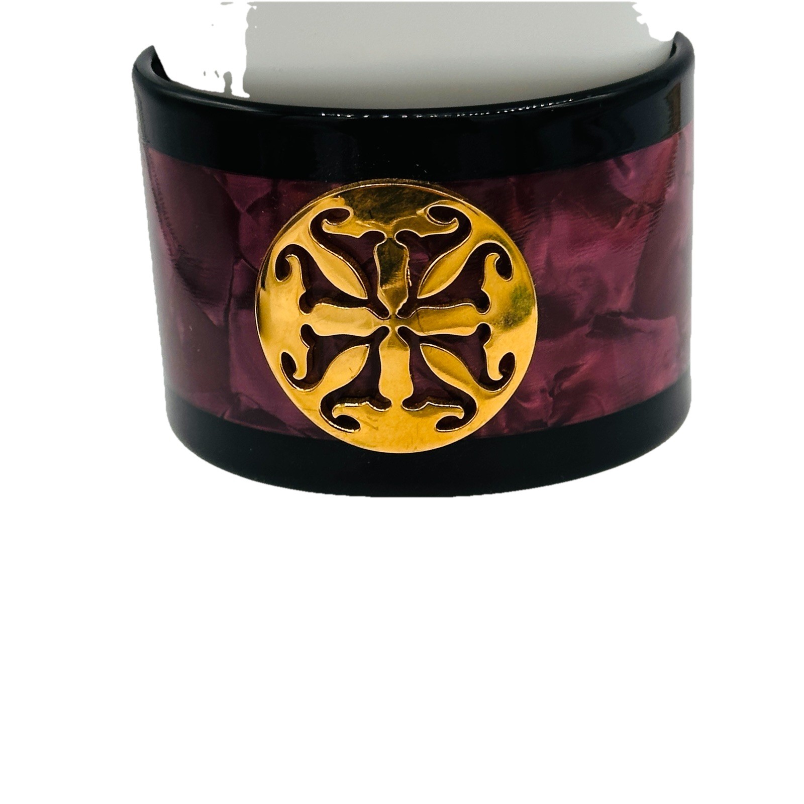 Rustic Cuff Plum Marbled Lucite Wide Open Cuff Bracelet Gold Medallion Statement