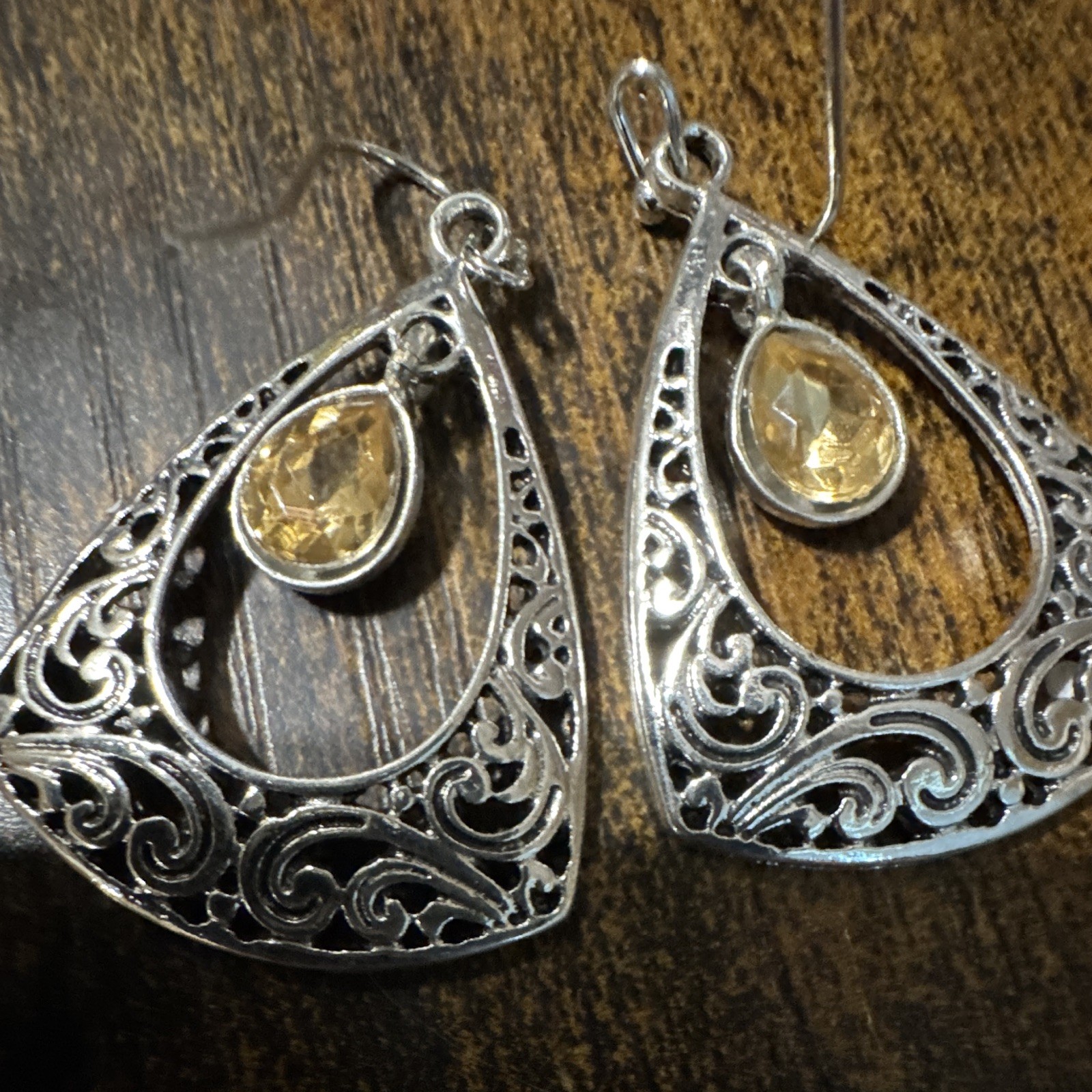 Silver Tone Filigree Teardrop Dangle Drop Earrings Yellow Round Stone Hook
