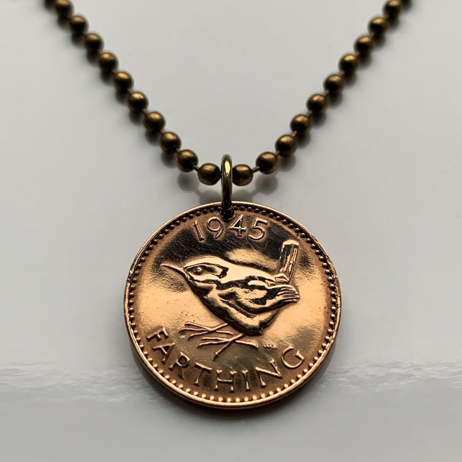 1945 United Kingdom Great Britain 1 Farthing coin pendant wren Jenny bird 000049