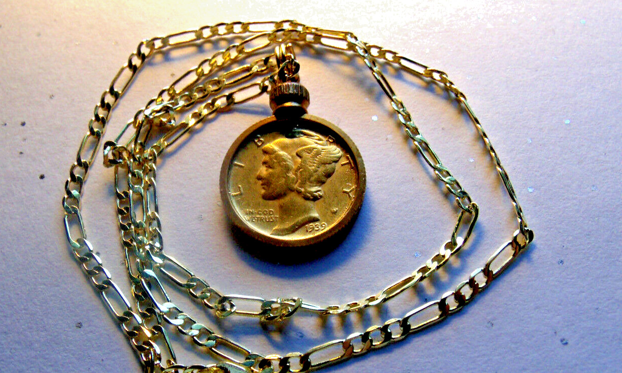 Genuine Gold Plated Mercury Dime Pendant and 18kgf 22″ Gold Filled Link Chain.