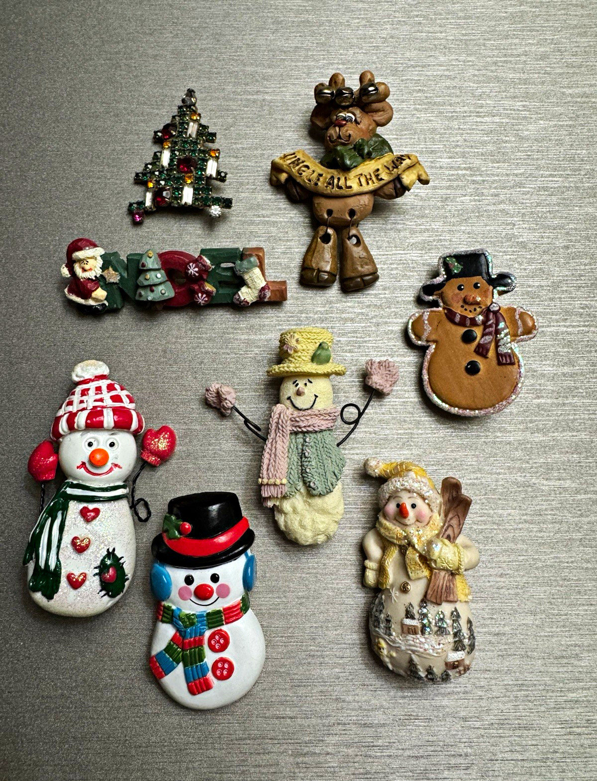Lot of 8 Christmas Holiday Brooch Pins Snowmen Reindeer Santa Tree Rhinestone