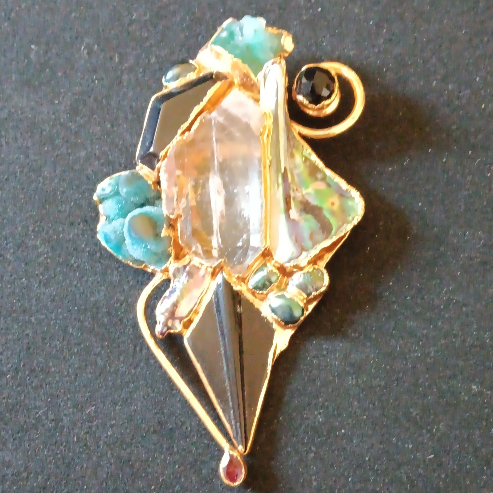 Kay Gold Tone Multicolor Stone Statement Brooch/pendant. Signed and dated 2000