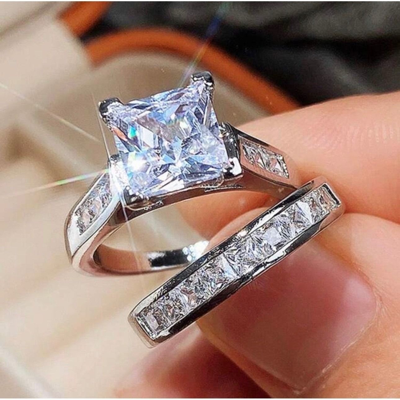 Princess Cut Bridal Ring Set Silver Tone Engagement Wedding Band Size 8