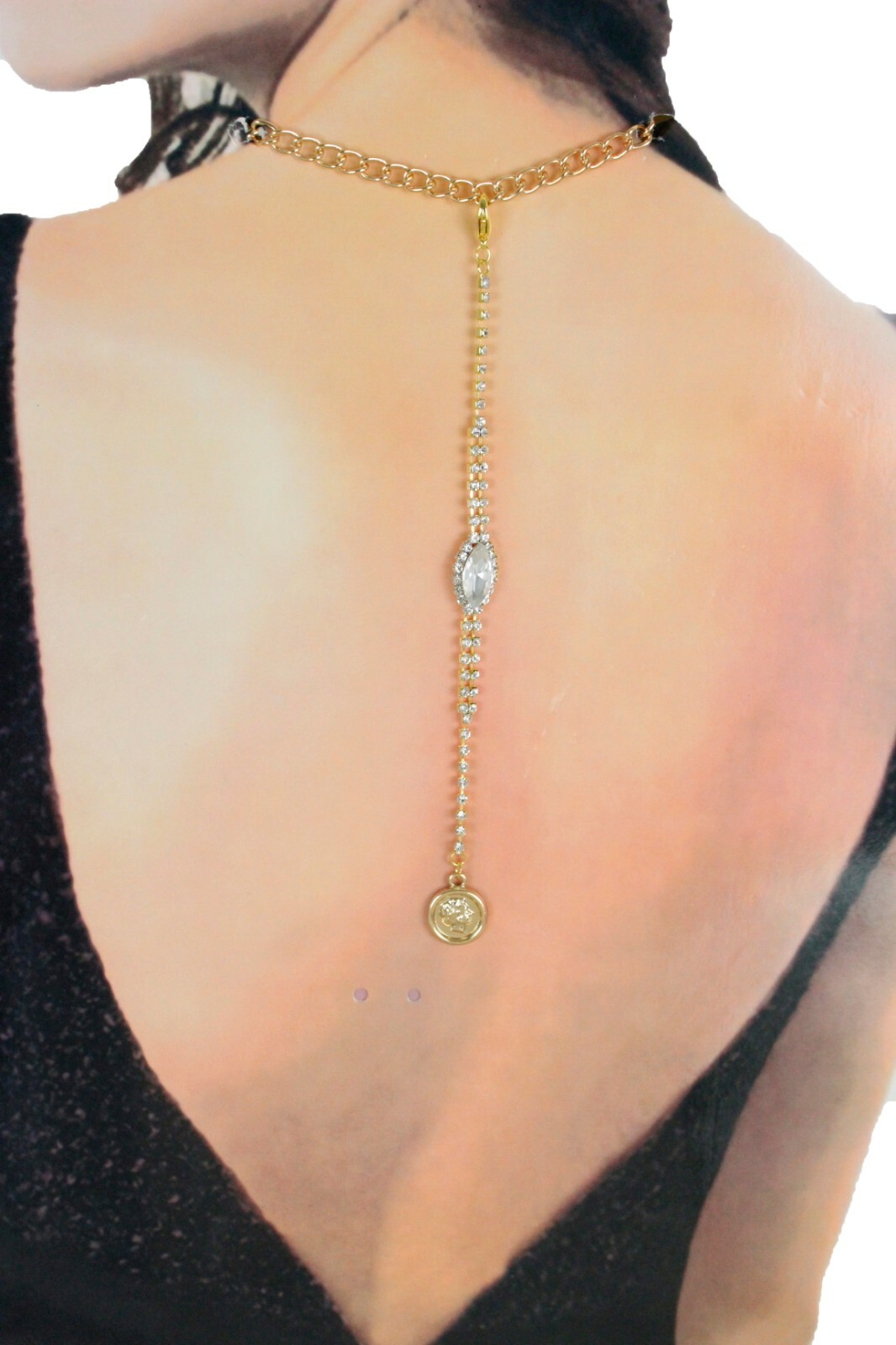 Women Open Back Dressy Long Necklace Pendant Gold Metal Chain Links Coin Charm
