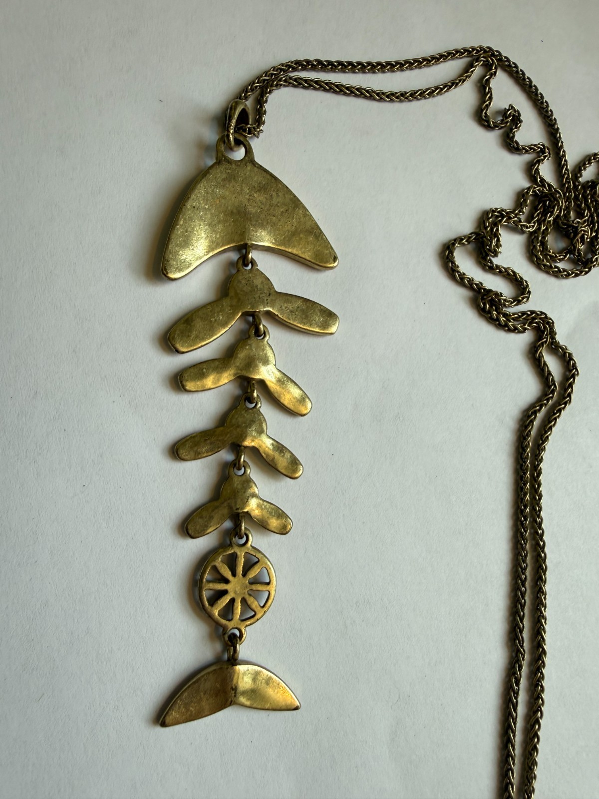 Fish Bone Skeleton Pendant Necklace Articulated Compass Lucky Brand Gold Tone