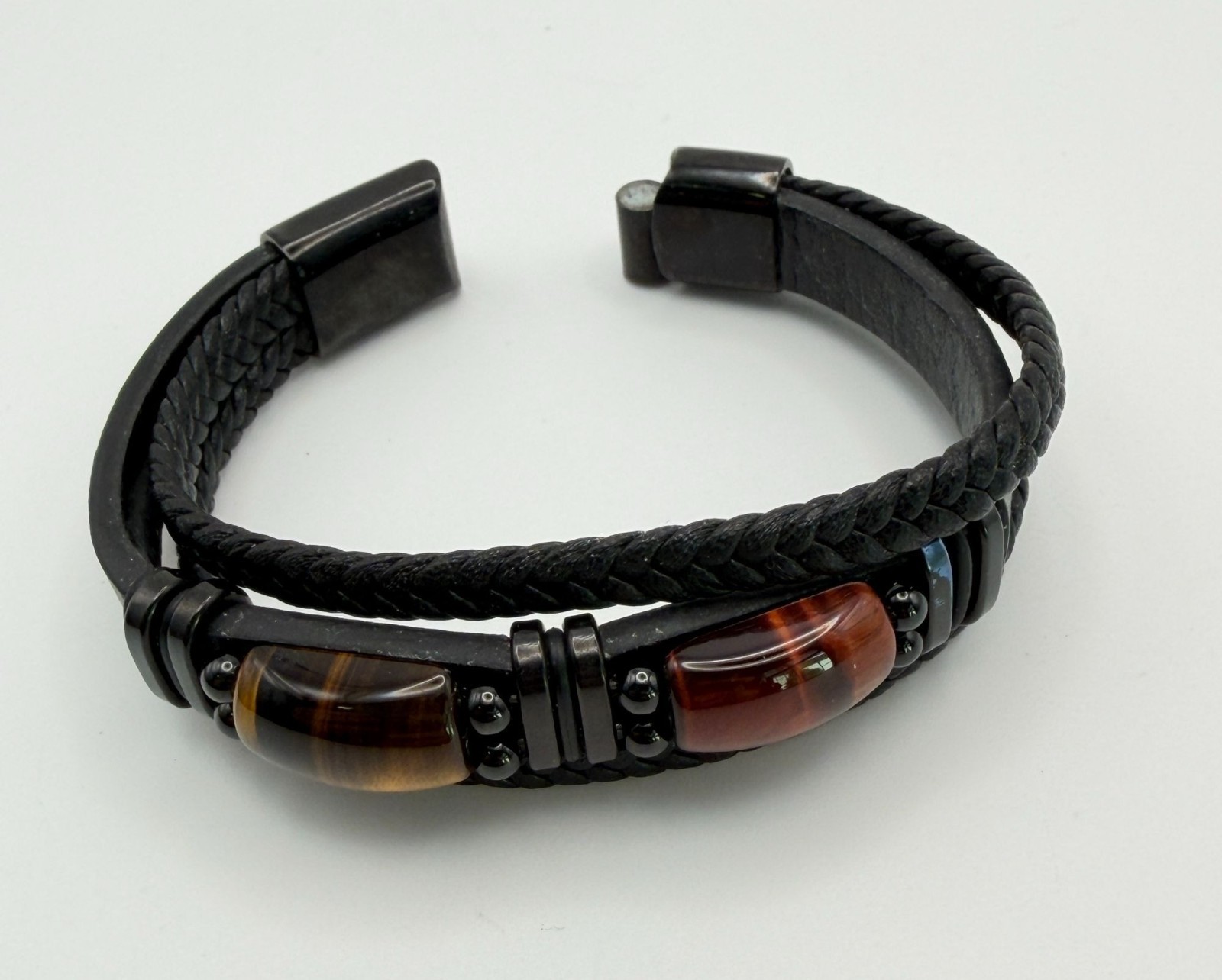 Black Braided Leather Bracelet Tiger Eye Stone Casual Earthy Boho 7 Inch