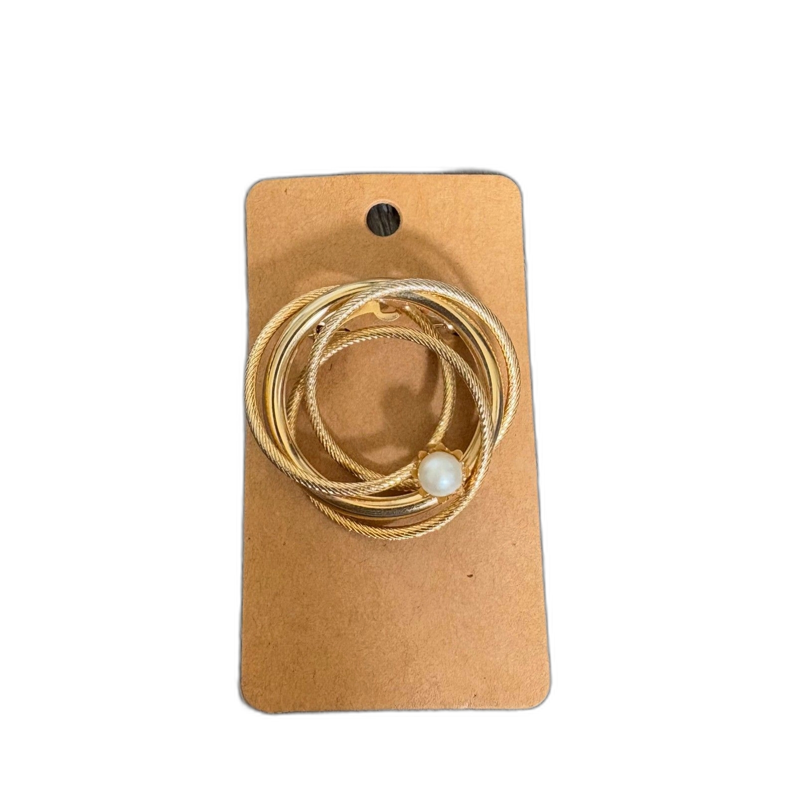 Vintage Gold Tone Interlocked Rings Brooch Single Pearl Unsigned