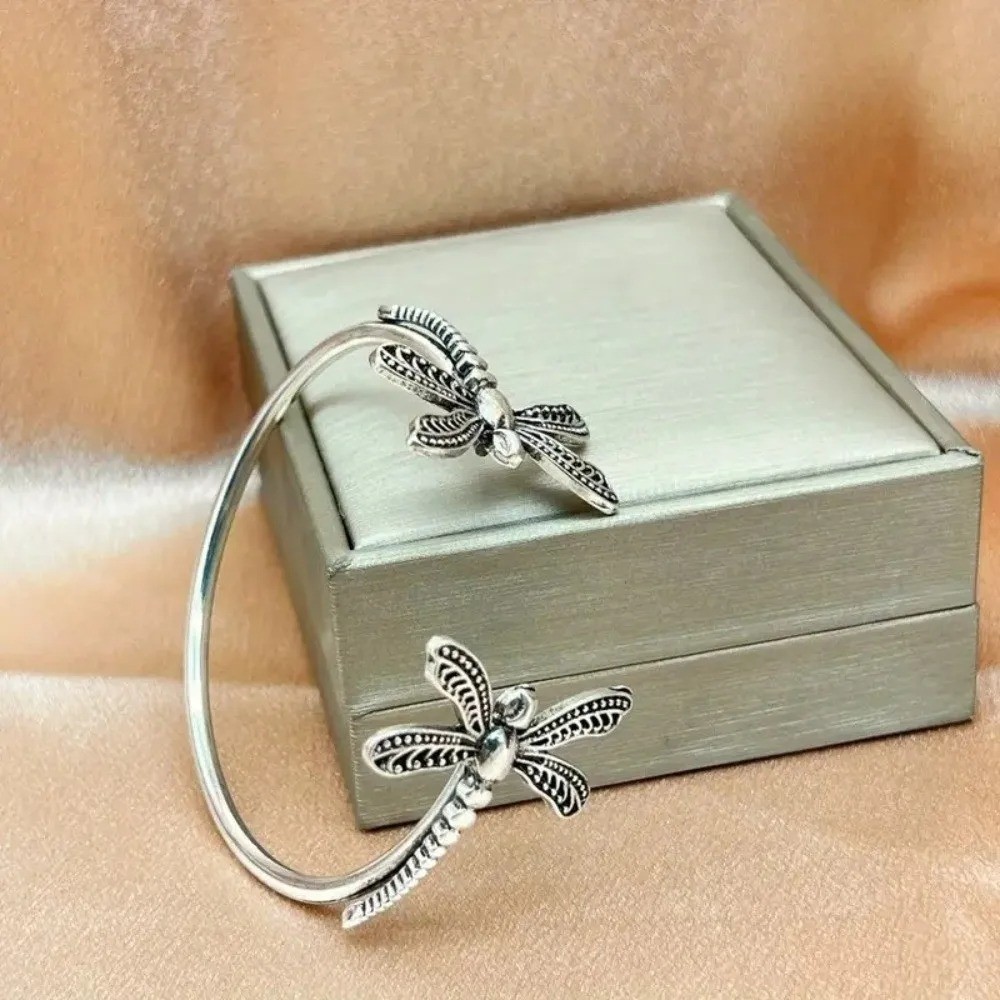 Boho Dragonfly Cuff Bracelet Silver Tone Adjustable Open Bangle Insect Women