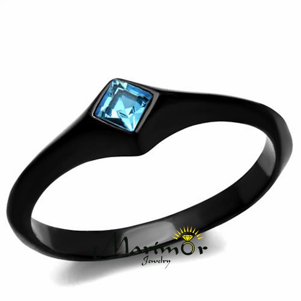Women’s Princess Cut Sea Blue CZ Stainless Steel Black Engagement Ring Size 5-10