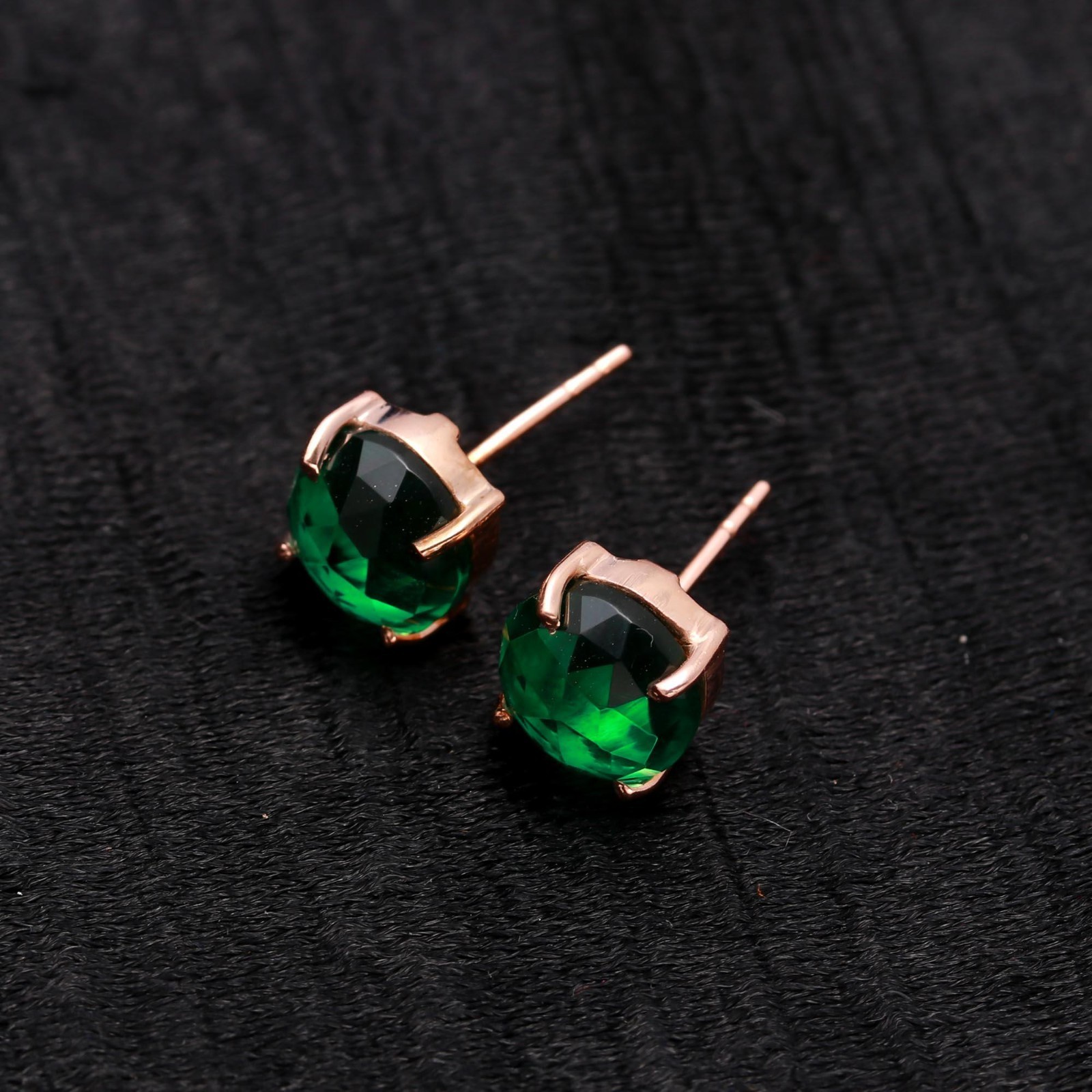 Natural Green Emerald Round Stud Earrings Rose Gold Fill Solid Silver Jewelry