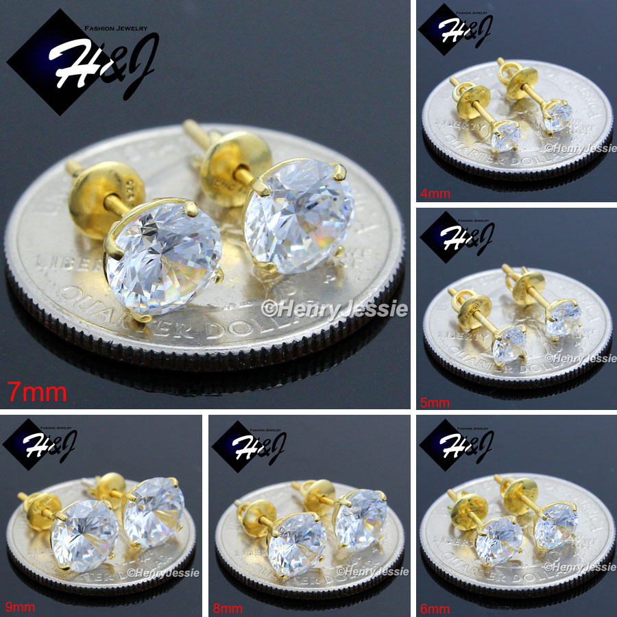 925 STERLING SILVER 4/5/6/7/8/9MM ICY CZ GOLD PLATED 3D ROUND STUD EARRING*GE88