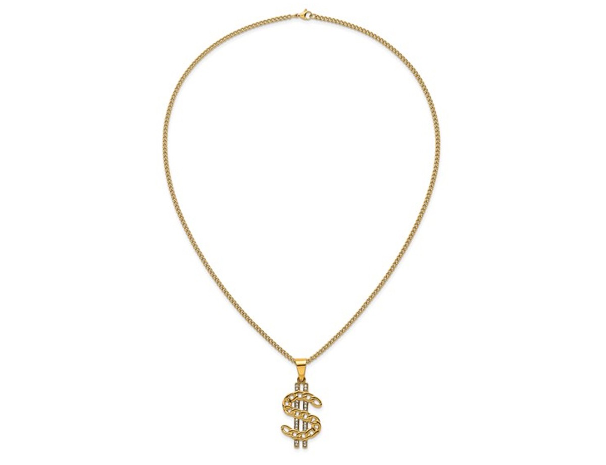 Yellow Plated Stainless Steel Dollar Sign Charm Pendant Necklace with Chain (24