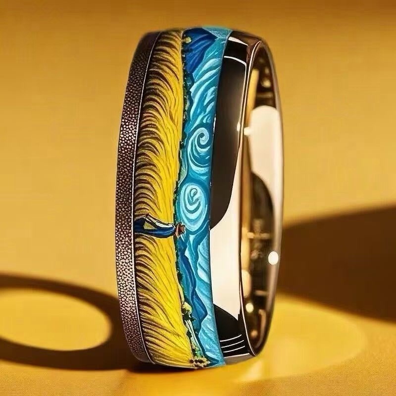 Art-Inspired Enamel Band Ring Gold （size 7/8/9/10/11）