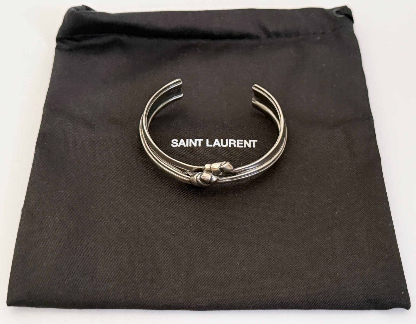 NWT Saint Laurent YSL Triple Knotted Antique Silver Brass Cuff Bracelet L $895