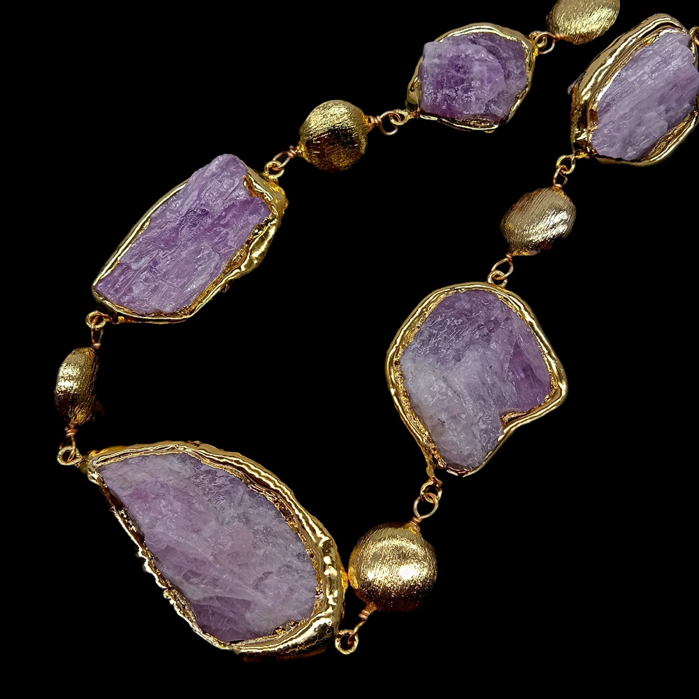 20″ Natural Pink Kunzite Rough Raw Gold Plated Edge Brushed Bead Necklace