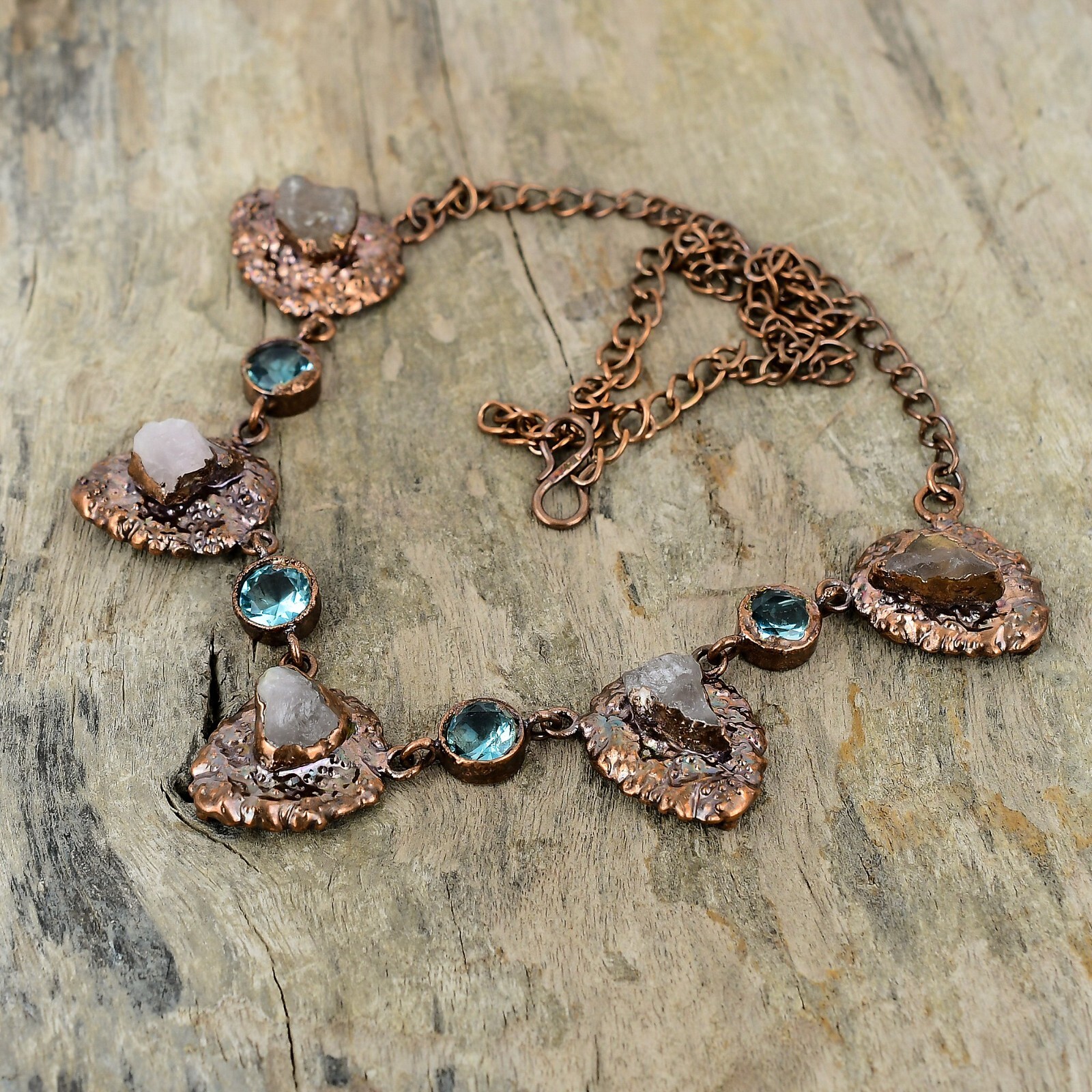 Rose Quartz Rough Copper Gift Electroformed Chain Adjustable Necklace 18.0″