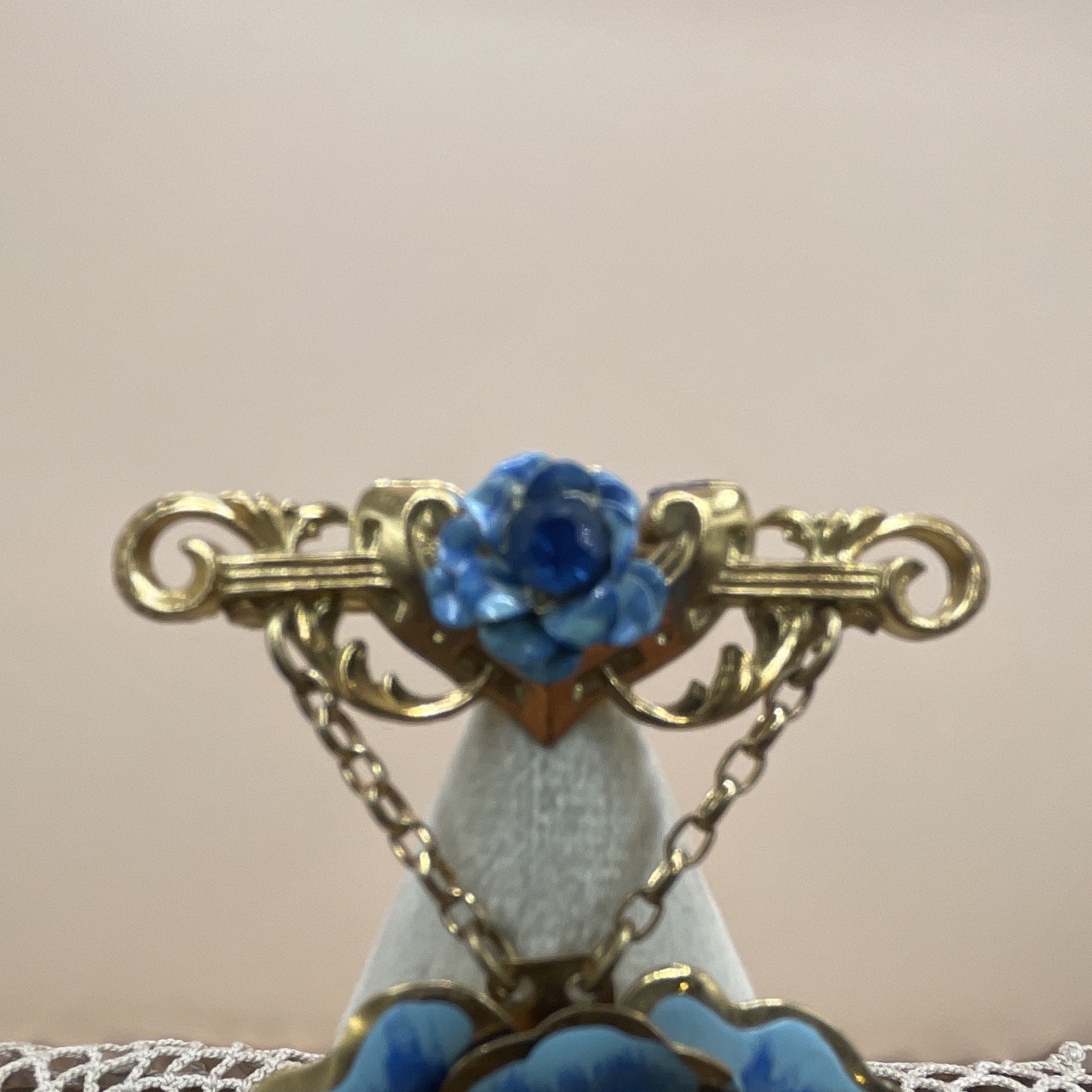 Gold Tone Blue Enamel Flower Dangle Brooch Pin w/ Chain, Possible 1928 Brand