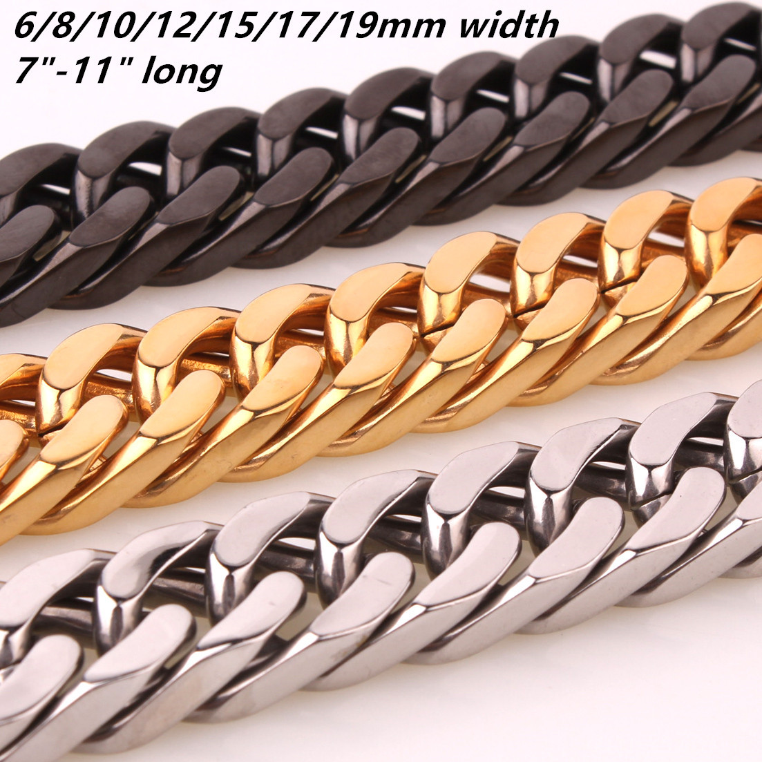 8mm-19mm 7-11″ Stainless Steel Silver Gold Black Cuban Women Mens Chain Bracelet