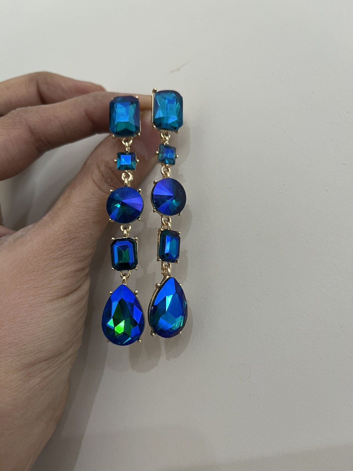 Blue Ab Earrings Green Blue Long Royal Drop Dangle Rhinestone Crystal Pageant