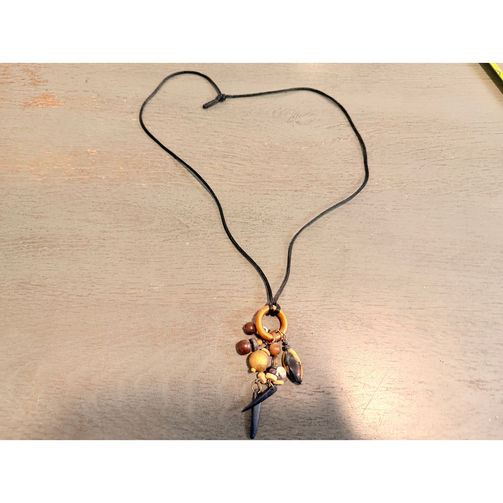 Boho Wood Bead and Stone Cluster Pendant Necklace Black Cord Earthy Tribal Style