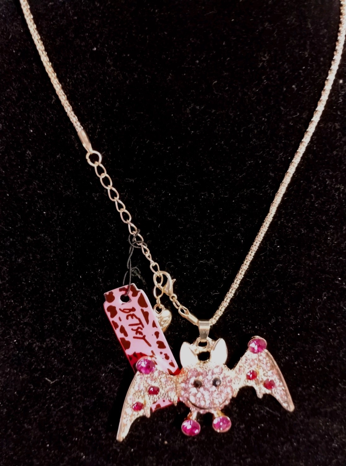 Betsey Johnson 2 Tone Pink Rhinestone Bat Halloween Necklace New W/Tags