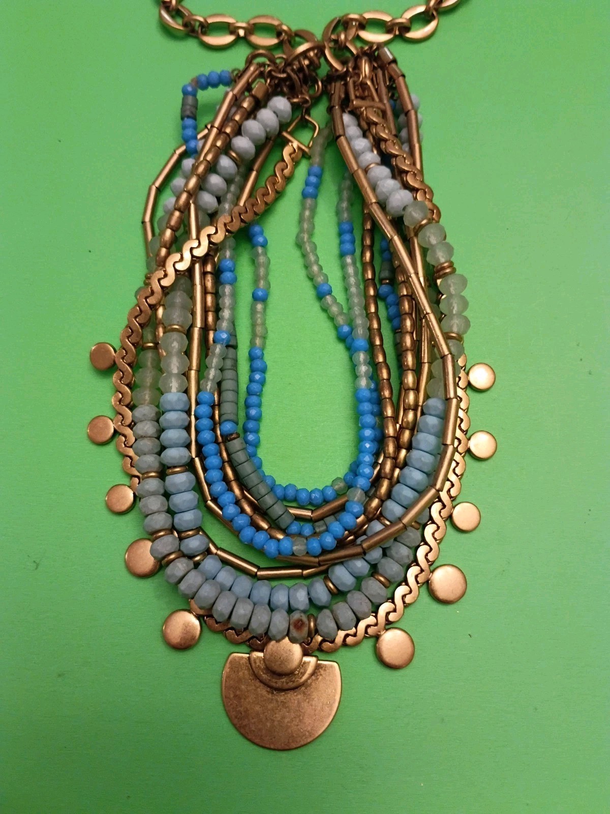 Stella And Dot Multi Strand Necklace Aqua Bead Gold Tone Chains