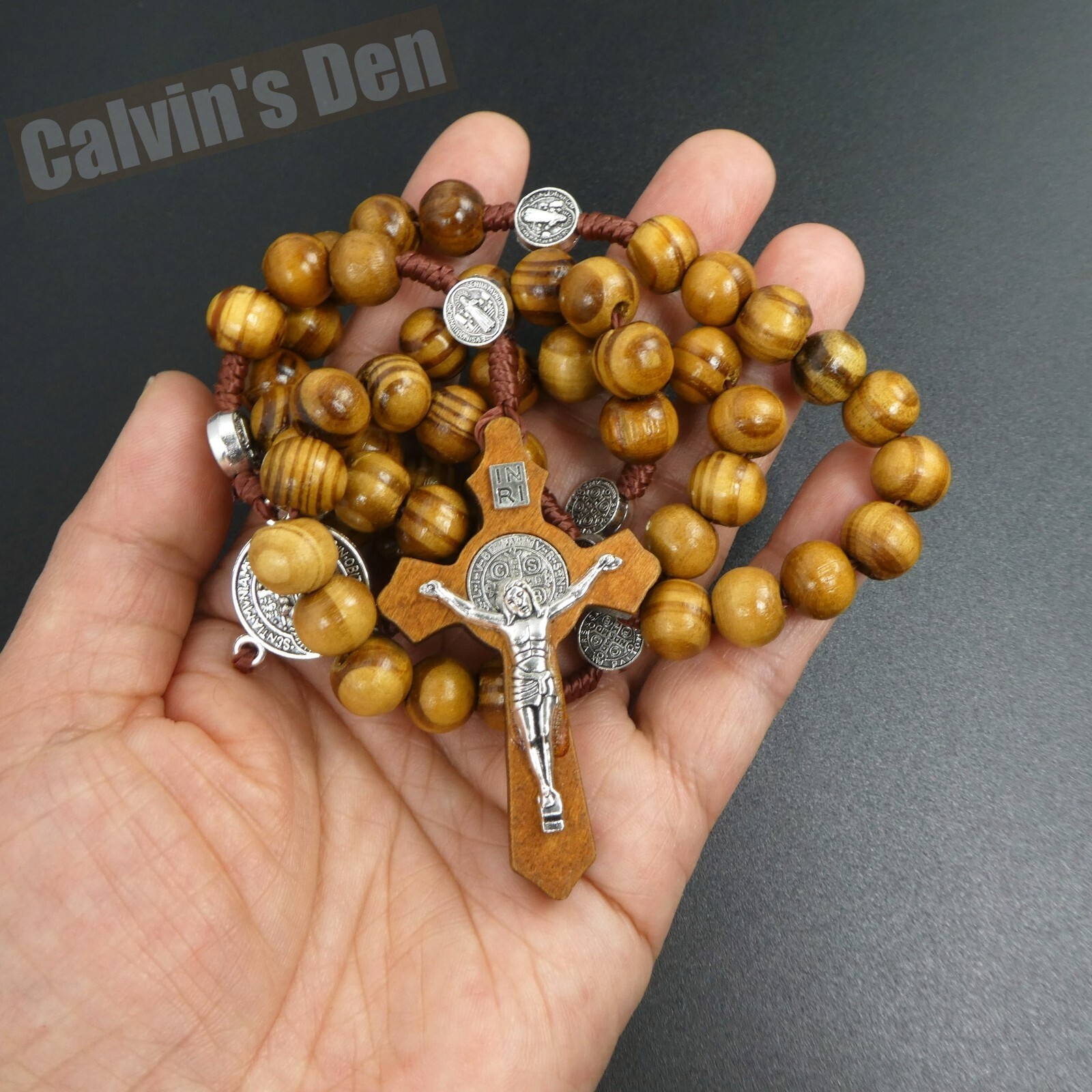 St Benedict Rosary Necklace Dark Wood Bead Five Decade Crucifix Cross Men Gift