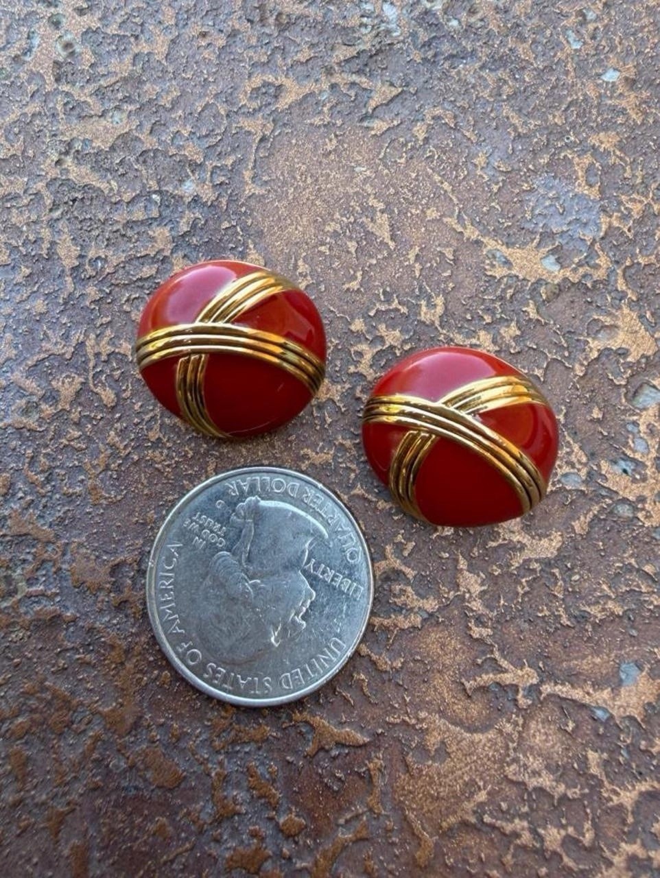 Monet Signed Red Enamel Gold Tone Crisscross Round Stud Earrings