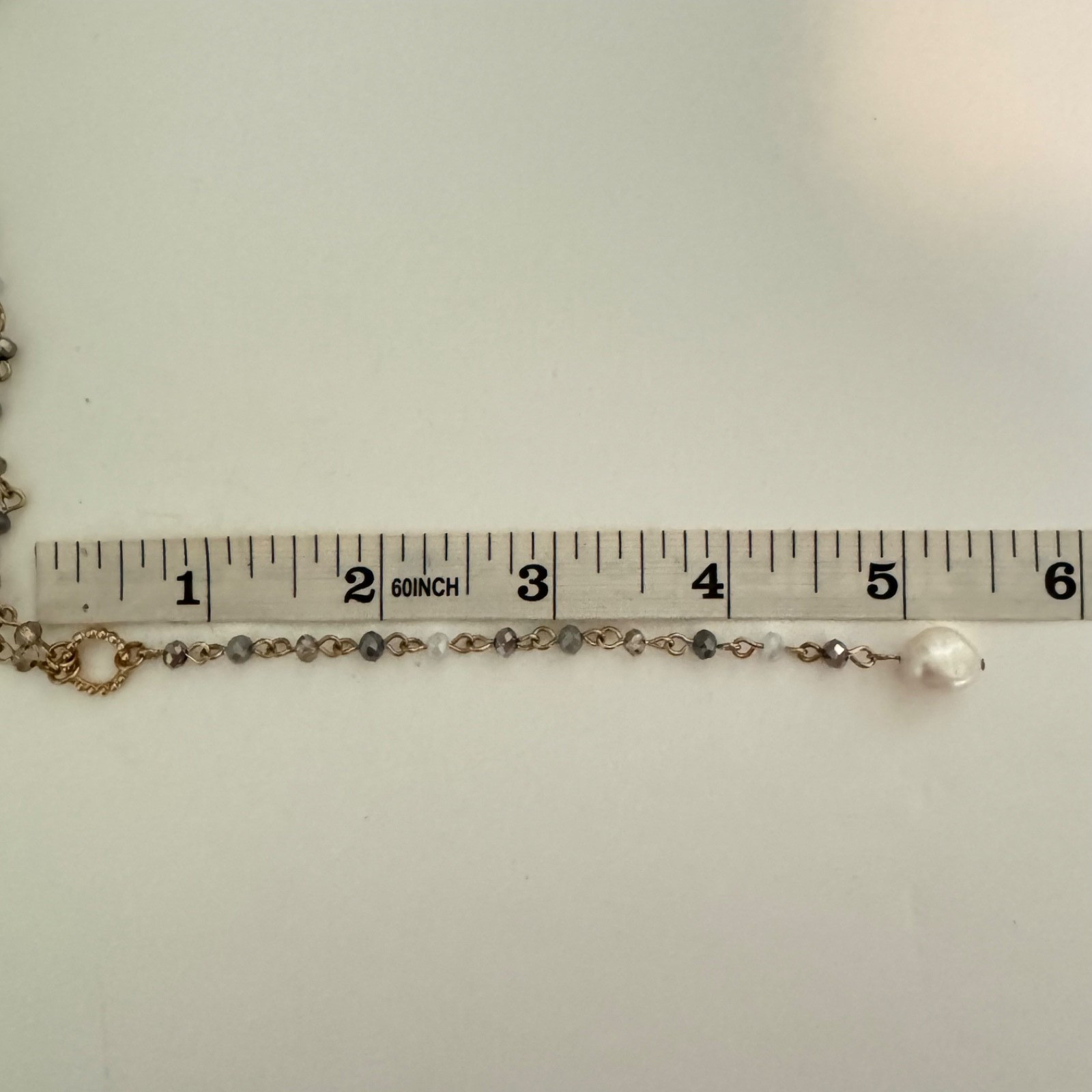 Boho Gold Tone Beaded Y Necklace Gray Crystal Rosary Chain Pearl Drop Lariat