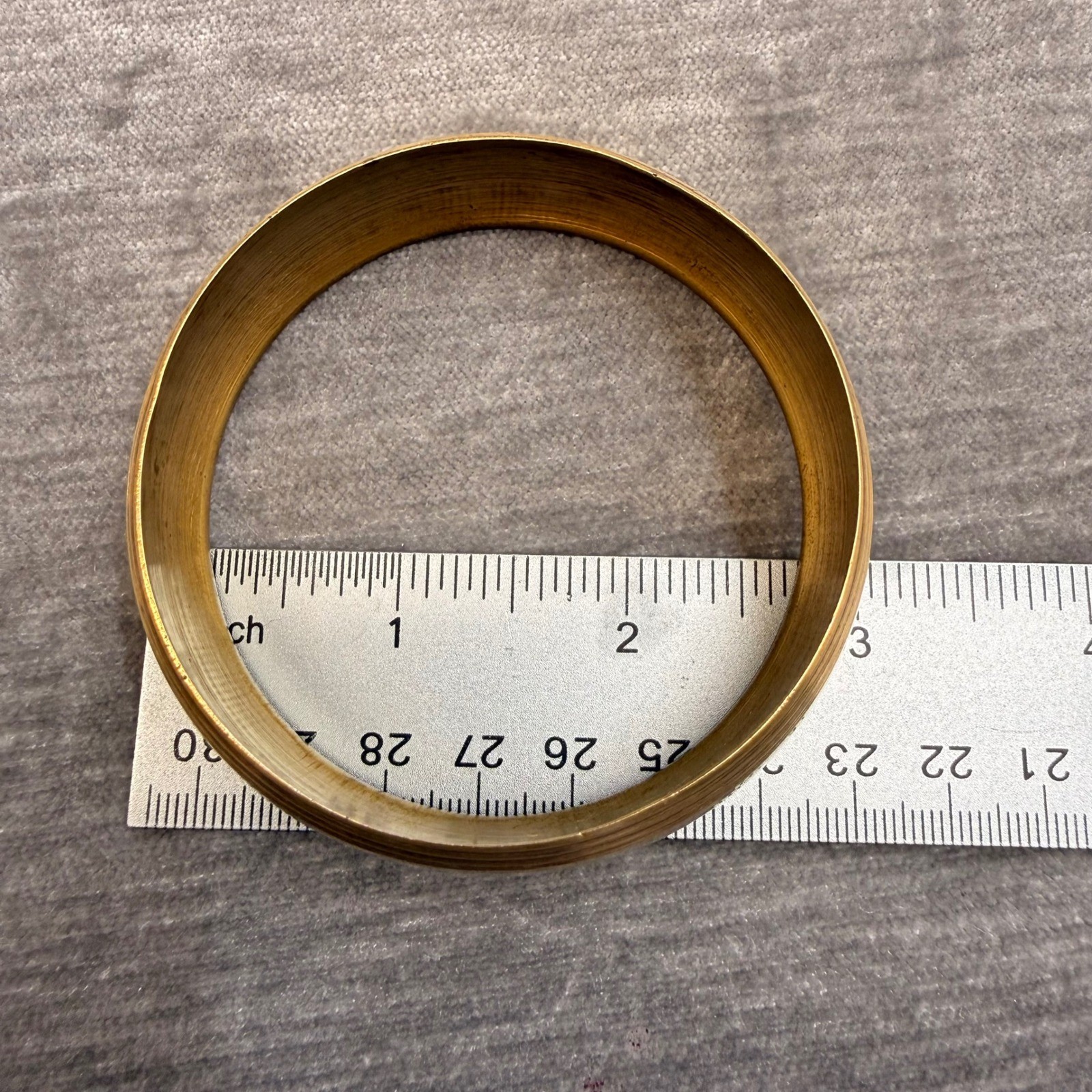 Vintage Solid Brass Wide Bangle Bracelet Ribbed Edge Gold Tone Domed Cuff 2.6in