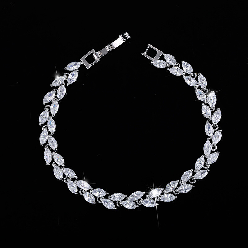Fashion Silver Plated Marquise Cubic Zirconia Leaf Tennis Bracelet Women Jewelry