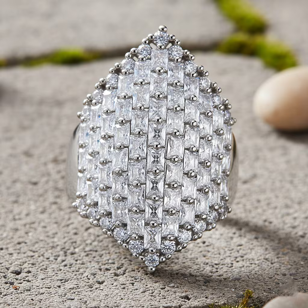 Simulated Diamond Statement Ring in Silvertone (Size 7.0)