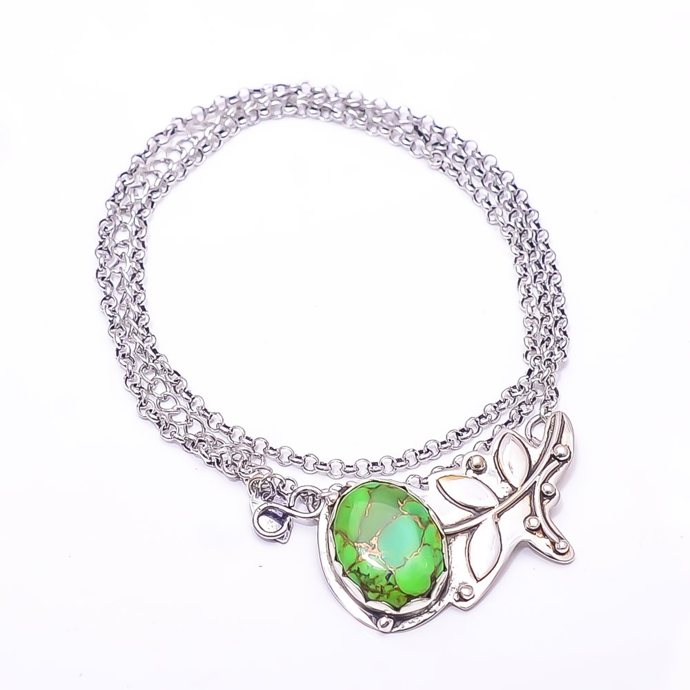 Copper Green Turquoise Flower 925 Sterling Silver Chain Pandent 17.99″ CP4021259