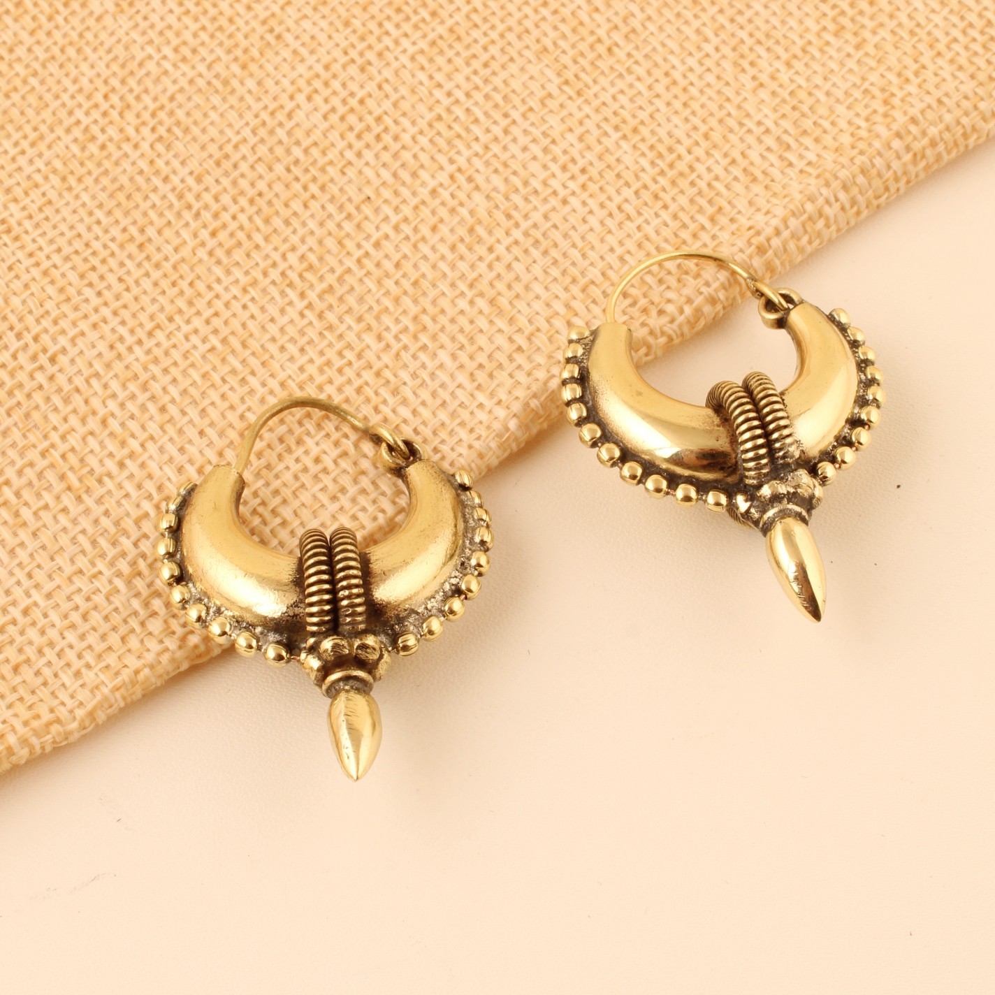 Gold Plated Tribal Hoop Earrings for Women, Boho Crescent Hoop Dangle Earring