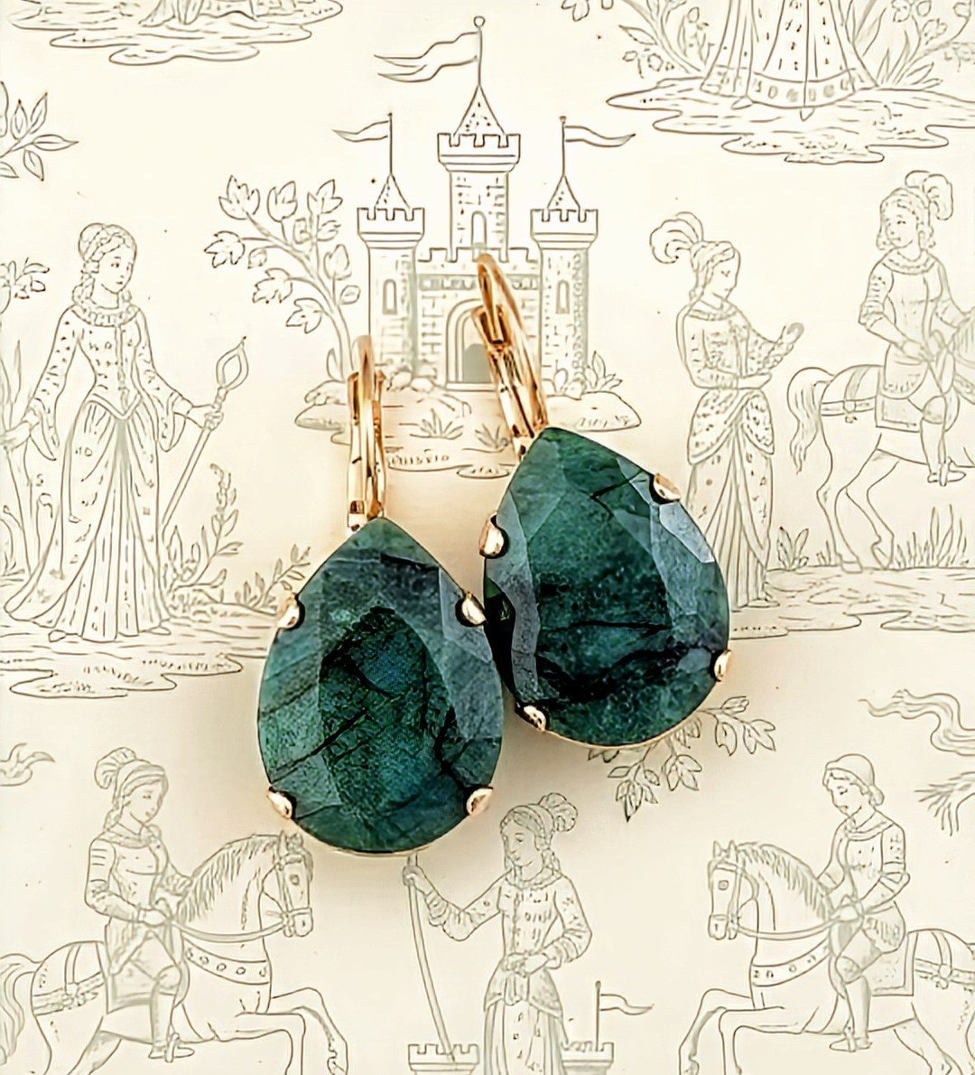 29.0 Total Carats Natural Emerald Rough Cut In Drop 18k Gold Plated Earrings