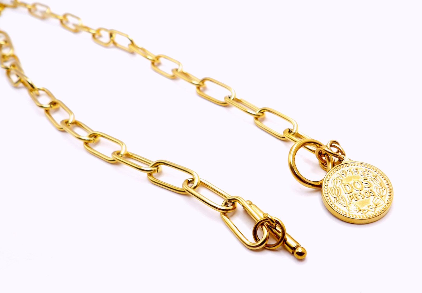 Layering Gold Paperclip Chain Necklace, Vintage Coin Pendant Toggle Choker Gift